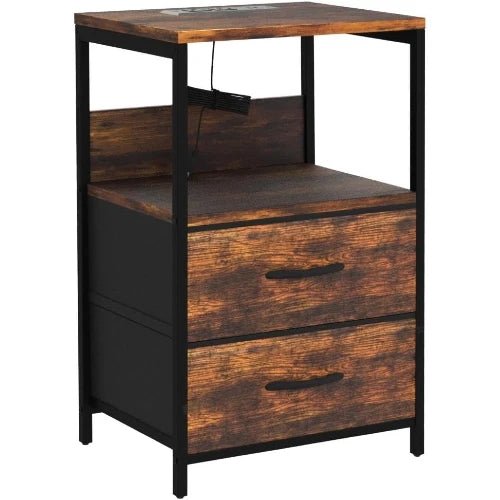 Charging Station Nightstand with Fabric Drawers, Color - Vintage Brown - NovoBam