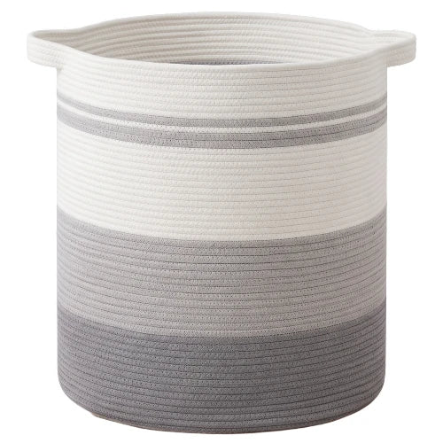 Extra large 120L round woven cotton rope laundry hamper in gradient gray and white on clean white background