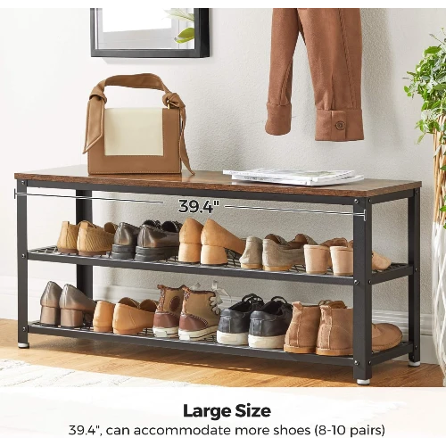 3-tier industrial shoe rack bench with potted plant and shoes on metal mesh shelves.