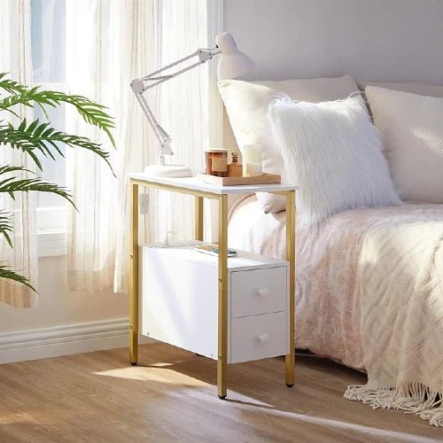 Narrow Charging Nightstand - Two Drawers USB Bedside Table - NovoBam