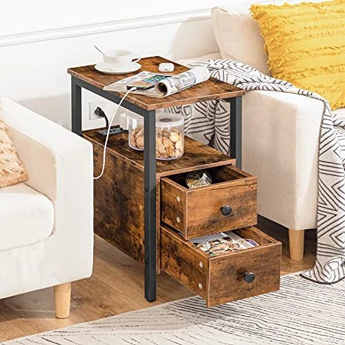 Narrow Charging Nightstand - Two Drawers USB Bedside Table - NovoBam