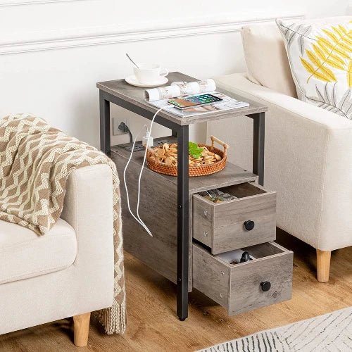 Narrow Charging Nightstand - Two Drawers USB Bedside Table - NovoBam
