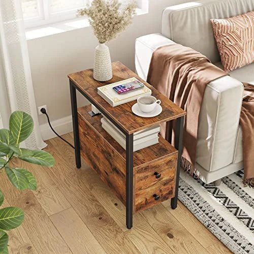 Narrow Charging Nightstand - Two Drawers USB Bedside Table - NovoBam