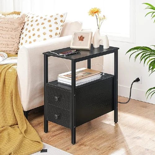 Narrow Charging Nightstand - Two Drawers USB Bedside Table - NovoBam
