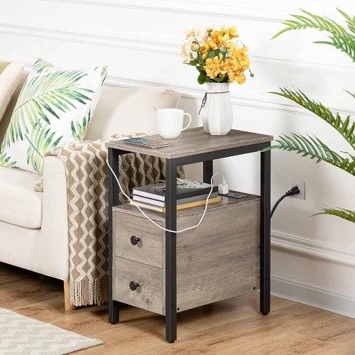 Narrow Charging Nightstand - Two Drawers USB Bedside Table - NovoBam