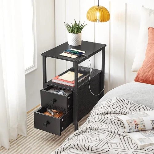 Narrow Charging Nightstand - Two Drawers USB Bedside Table - NovoBam