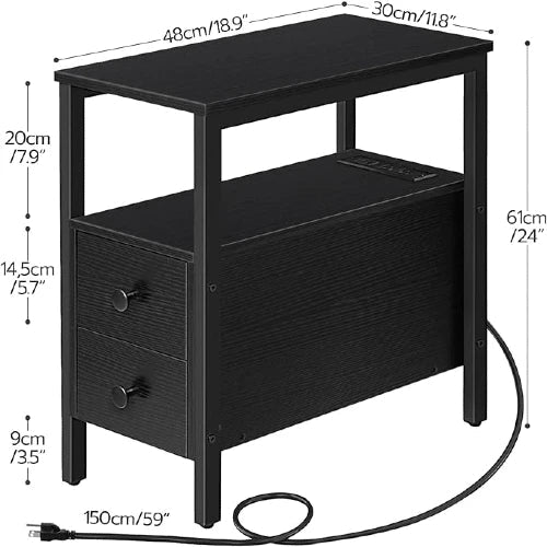 Narrow Charging Nightstand - Two Drawers USB Bedside Table - NovoBam