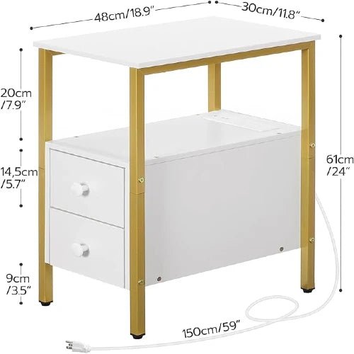 Narrow Charging Nightstand - Two Drawers USB Bedside Table - NovoBam