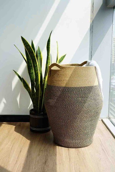 Black Mix Jute Woven Cotton Rope Laundry Hamper - NovoBam