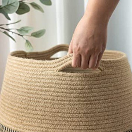 Black Mix Jute Woven Cotton Rope Laundry Hamper - NovoBam