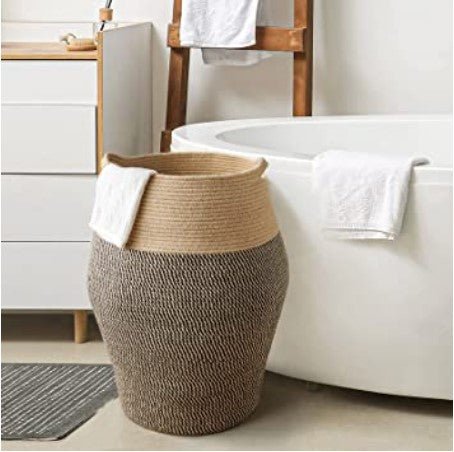 Black Mix Jute Woven Cotton Rope Laundry Hamper - NovoBam