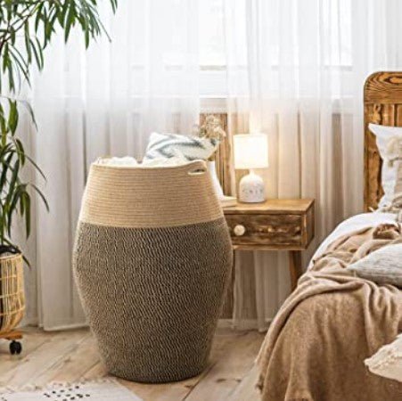 Black Mix Jute Woven Cotton Rope Laundry Hamper - NovoBam