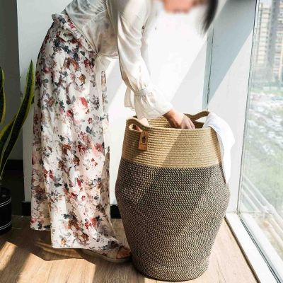 Black Mix Jute Woven Cotton Rope Laundry Hamper - NovoBam