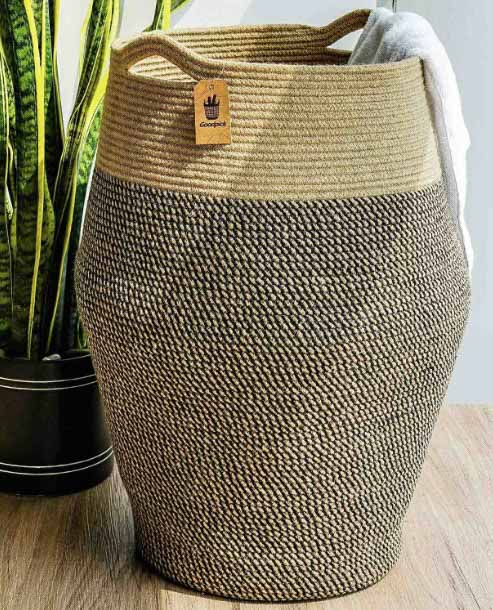 Black Mix Jute Woven Cotton Rope Laundry Hamper - NovoBam