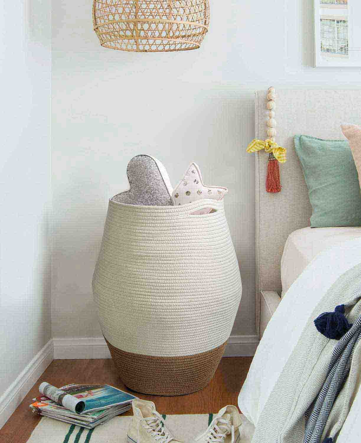 White & Jute Cotton Rope Laundry Basket - NovoBam