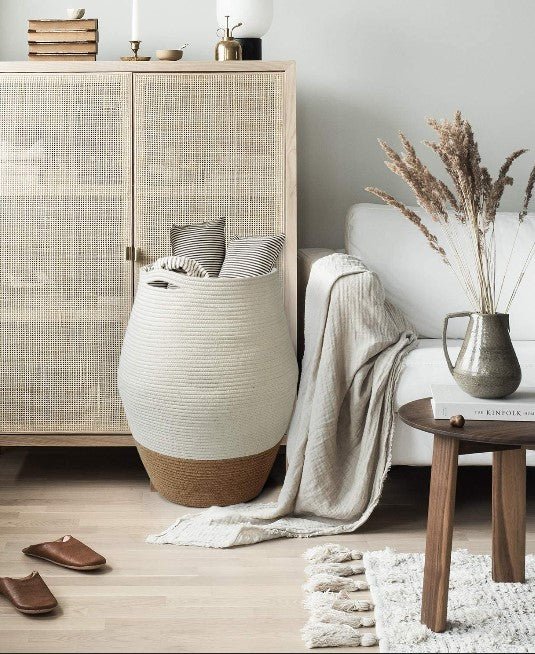 White & Jute Cotton Rope Laundry Basket - NovoBam