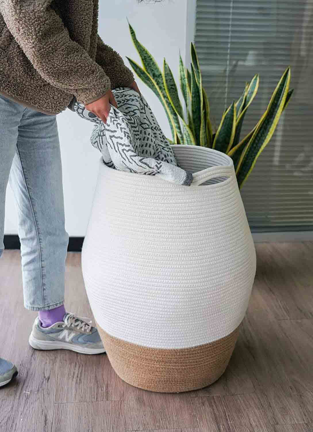 White & Jute Cotton Rope Laundry Basket - NovoBam