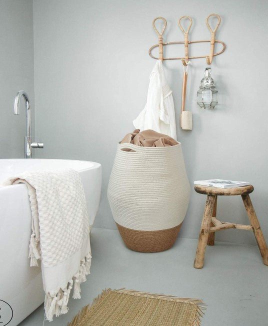 White & Jute Cotton Rope Laundry Basket - NovoBam