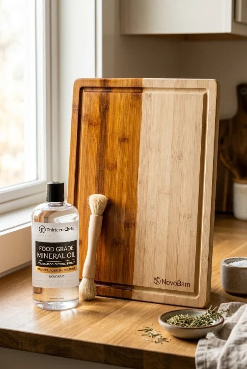 Portrait collection image showing both the clear before and after hydration effect on a bamboo cutting board and the NovoBam Food Safe Mineral Oil wood protectant product bottle.
