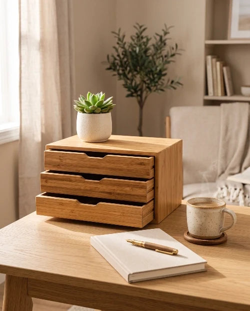 NovoBam natural bamboo desk organizer with 3 drawers on an oak desk with succulent and coffee mug