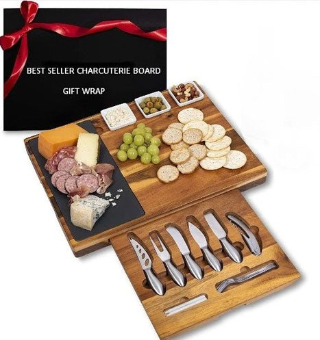 Extra Large Charcuterie Board Set with Gift Box - Cheese Board and Knife Set - Wedding & Holiday Gift Platter or House Warming Present - Acacia Wood & Slate Serving Tray for Meat, Wine & Cheese.  Best Seller Christmas Gift !!!  Made of Stunning Acacia wood