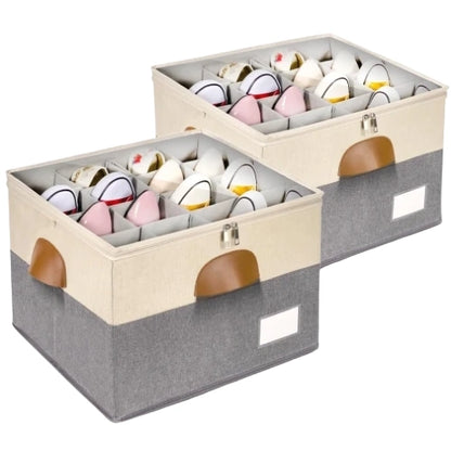 2 pack beige and grey stackable shoe storage organizer boxes with clear view zippered lids