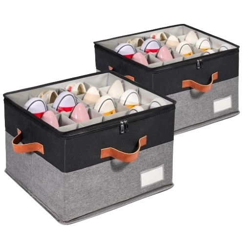 2 pack black and grey stackable shoe storage organizer boxes with clear view zippered lids