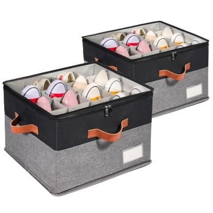 2 pack black and grey stackable shoe storage organizer boxes with clear view zippered lids