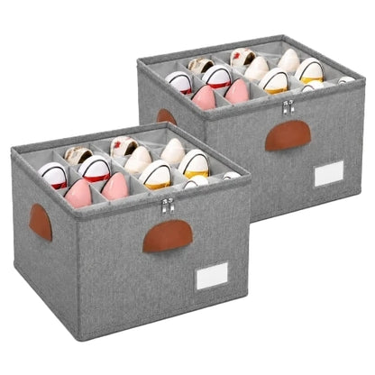 2 pack grey stackable shoe storage organizer boxes with clear view zippered lids and handle details