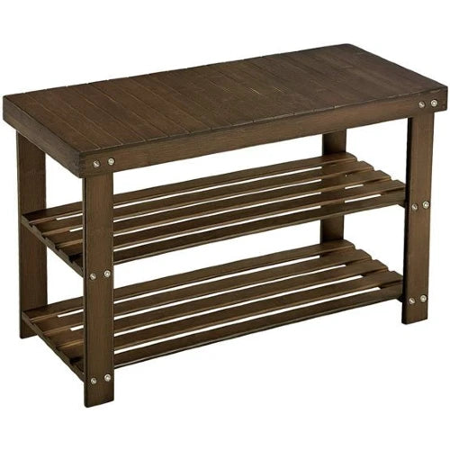 3-tier dark brown bamboo shoe rack bench organizer with 2 storage shelves for entryway and hallway