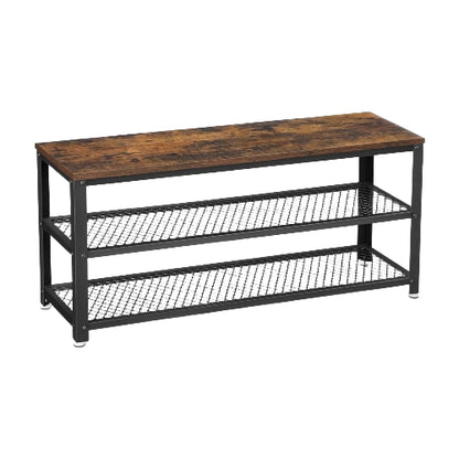 Freestanding 3-tier industrial shoe rack storage bench with rustic brown wooden top and black metal mesh shelves on a white background.`
