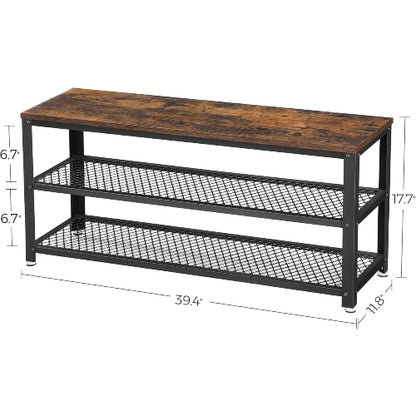 Product dimensions diagram for 3-tier industrial shoe rack bench measuring 39.4 inches wide, 11.8 inches deep, and 17.7 inches high.