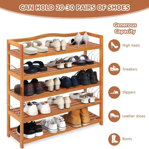 A 5-tier wooden shoe rack filled with various shoes, shown with text overlays highlighting its capacity to hold 20-30 pairs of shoes and listing compatible types like high heels, sneakers, slippers, leather shoes, and boots.