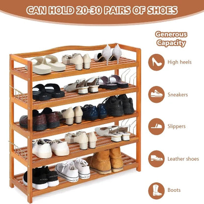 A 5-tier wooden shoe rack filled with various shoes, shown with text overlays highlighting its capacity to hold 20-30 pairs of shoes and listing compatible types like high heels, sneakers, slippers, leather shoes, and boots.