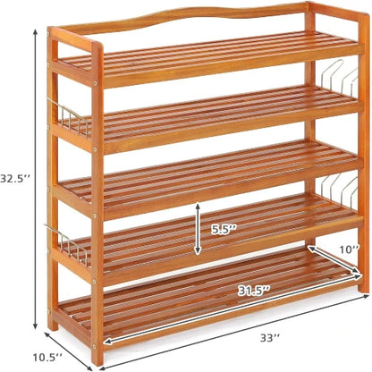 Wooden shoe rack with dimensions on a white background