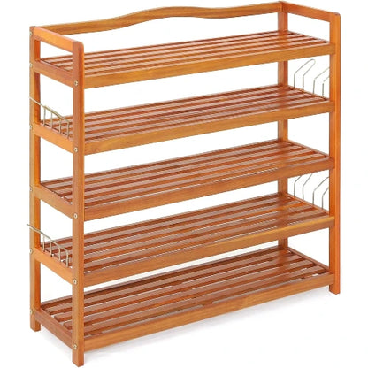 A 4-tier wooden shoe rack with a warm brown finish and small wire side hooks, shown on a plain white background.