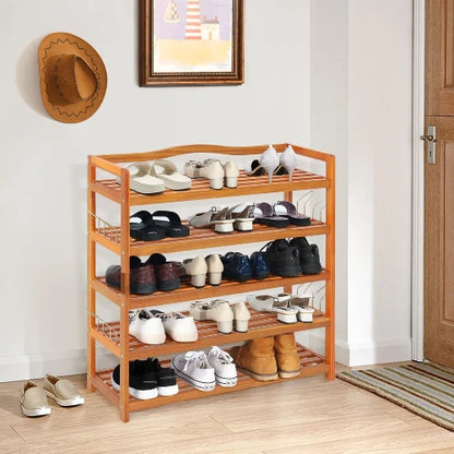 Wooden shoe rack with various shoes on a wooden floor.