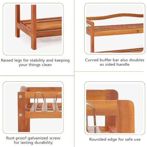Four-panel feature diagram of a wooden shelf or rack, showing close-up views with text callouts: raised legs for stability, curved buffer bar as side handle, rust-proof galvanized screw, and rounded edge for safe use.