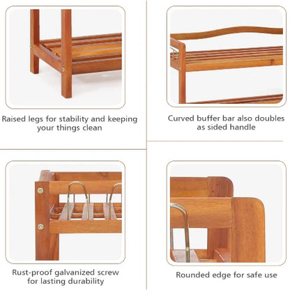 Four-panel feature diagram of a wooden shelf or rack, showing close-up views with text callouts: raised legs for stability, curved buffer bar as side handle, rust-proof galvanized screw, and rounded edge for safe use.