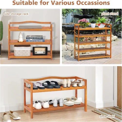 Collage of wooden storage racks used for various purposes including side storage, plant stand, and shoe shelf.