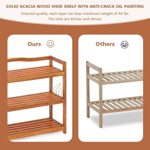 Solid acacia wood shoe shelf with anti-crack oil painting compared to others on a white background.
