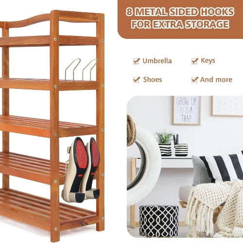 A 5-tier wooden shoe rack with 8 metal side hooks, shown alongside text highlighting its storage features and a small lifestyle inset of the rack in a styled room setting.