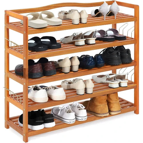 A 5-tier wooden shoe rack filled with various shoes, shown against a plain white background.