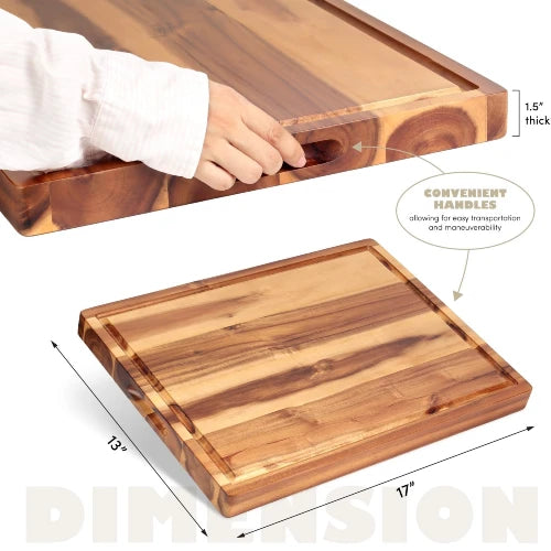 Detailed 17x13x1.5 inch dimensions diagram for acacia wood butcher block highlighting recessed convenient side handles
