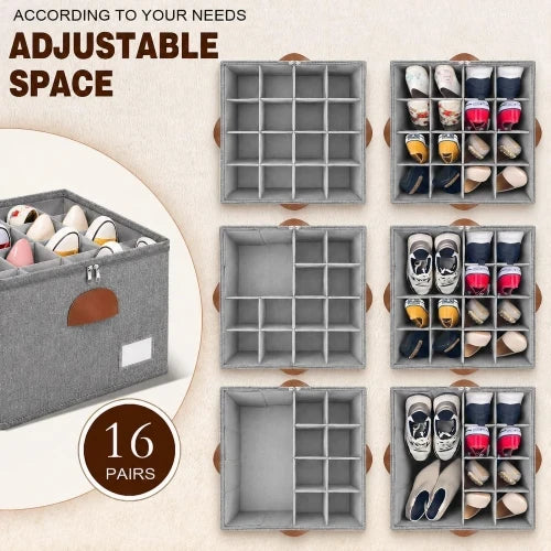 Grey shoe storage organizer box with customizable adjustable dividers holding up to 16 pairs of footwear