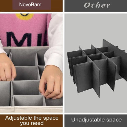 Customizable interior compartment divider setup in shoe organizer box vs unadjustable storage dividers
