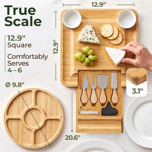 True scale dimensions showing 12.9 inch square bamboo charcuterie board with extended drawer, round fruit platter, and thickness measurements.