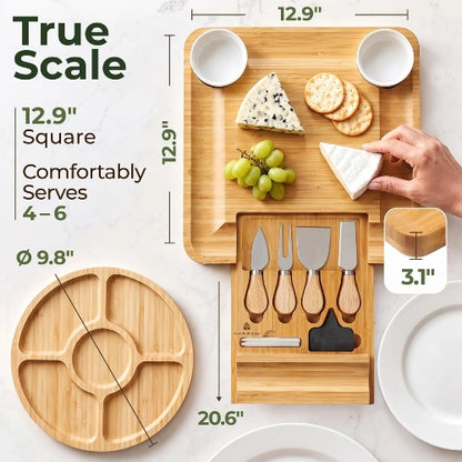 True scale dimensions showing 12.9 inch square bamboo charcuterie board with extended drawer, round fruit platter, and thickness measurements.