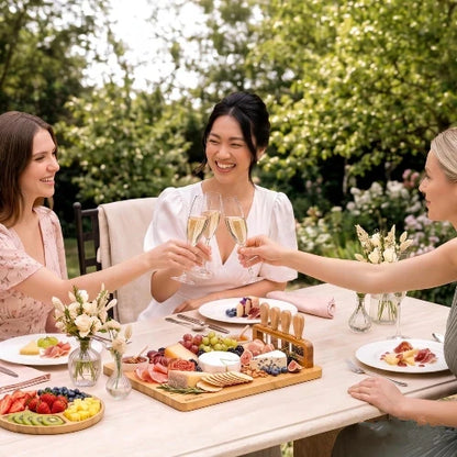 Three women toasting champagne glasses around an outdoor garden dining table served with a NovoBam bamboo charcuterie board, cheese assortment, fruit platter, and upright knife holder