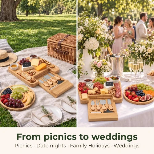 Outdoor picnic and wedding reception display featuring the square bamboo charcuterie board with extended utensil drawer, round fruit platter, cheeses, and champagne.